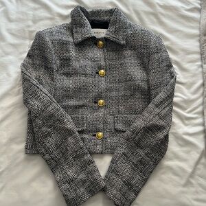 Babaton Black and Gray Tweed Blazer with Gold Buttons